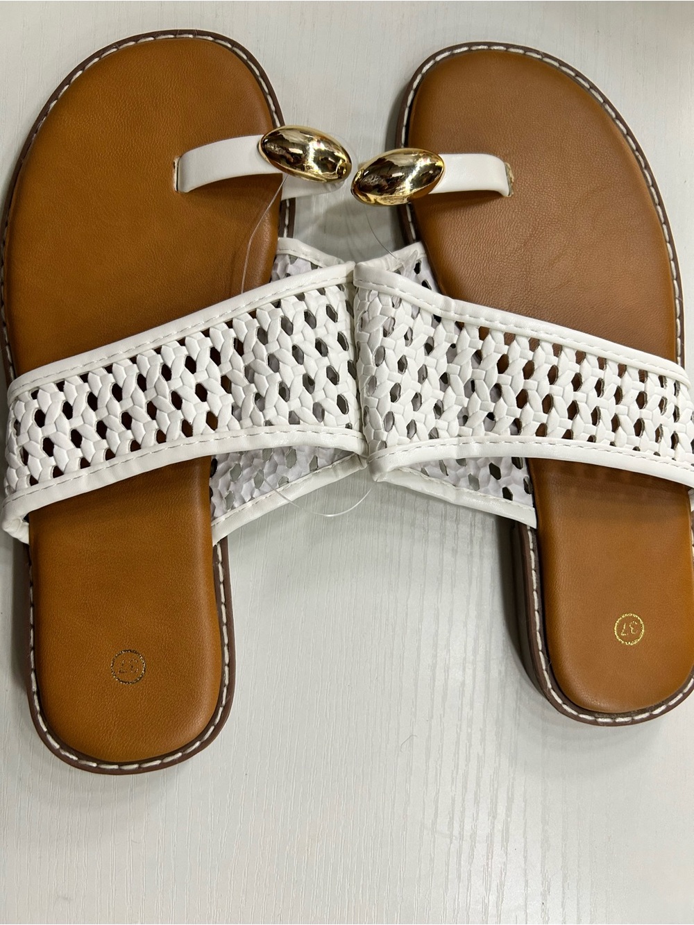 Women’s White Woven Slide Sandals with Gold Accent